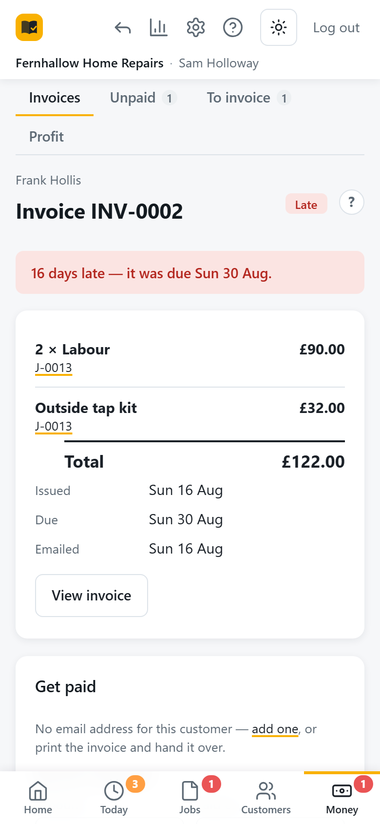 An invoice for Frank Hollis, INV-0002, marked late: sixteen days late, it was due on 30 August. Labour and an outside tap kit, £122.00 in total.