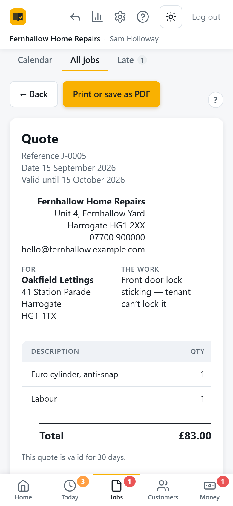 A quote in My Job Book with the business details, the customer, the work, the items and the total, and a button to print or save it as a PDF.